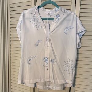 Jane Delaney White Shirt with Blue Celestial Print.